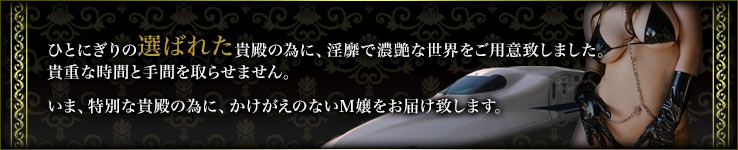 ひとにぎりの選ばれた貴殿の為に、淫靡で濃艶な世界をご用意致しました。貴重な時間と手間を取らせません。いま、特別な貴殿の為に、かけがえのないＭ嬢をお届け致します。